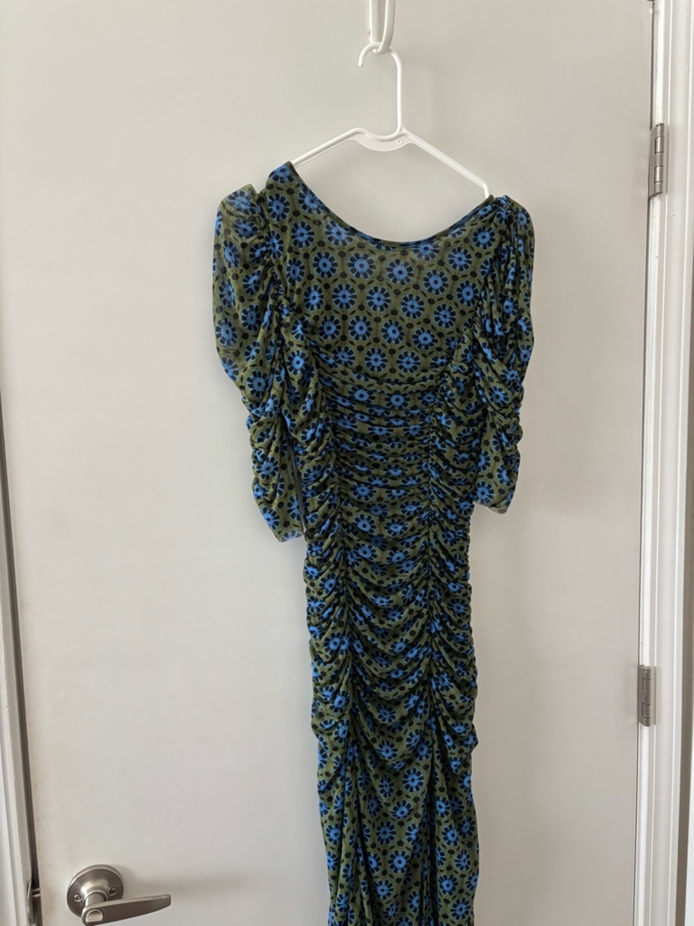 Free People Olive Green and Blue Floral Ruched Midi Dress